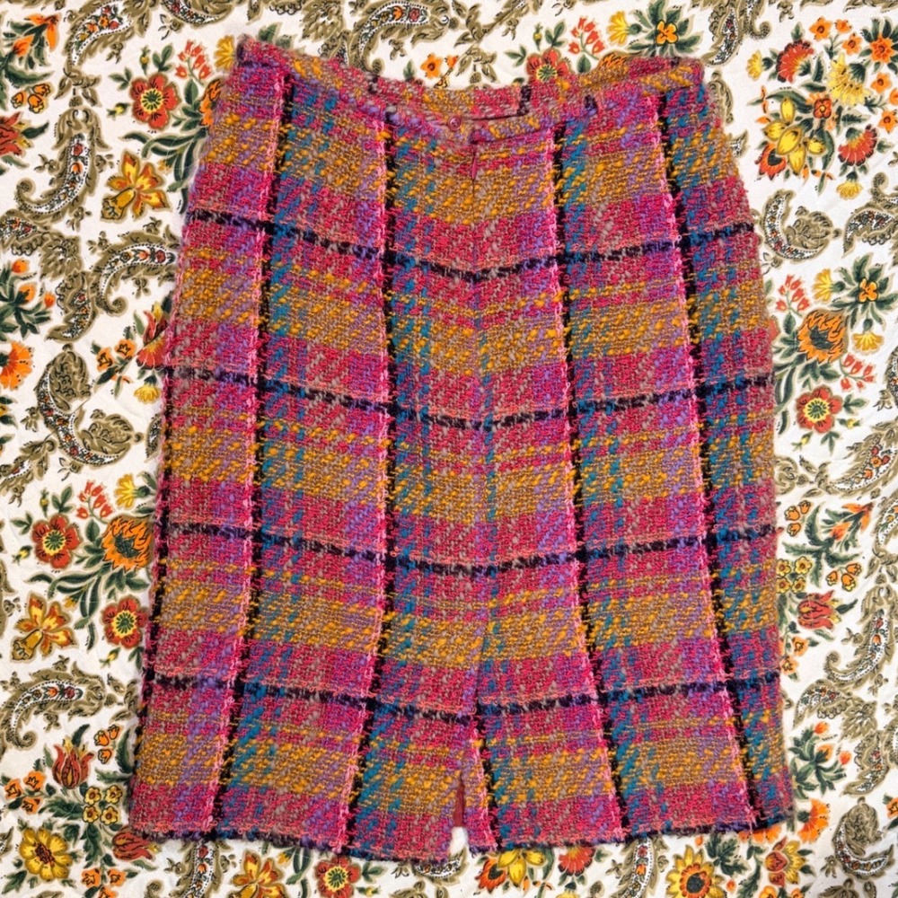 Vintage‎ GERARD DAREL Wool Tweed Slub Yarn Pink Plaid Mini Skirt Women Size 42 - Picture 6 of 10